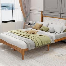 Queen Bed Frame with Fabric Upholstered Headboard, Solid Rubber Wood Foundation , Rustic Oak