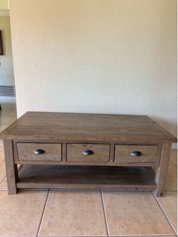 Rustic Wood Coffee Table with Storage Drawers and Bottom Shelf
