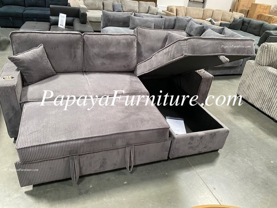 NEW L Shape Convertible Sectional Sofa with STORAGE CHAISE and Pullout Sleeper Bed Dark Grey Fabric Discount Furniture Warehouse Clearance Sofabed