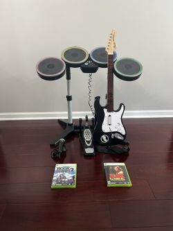 Xbox 360 Rock Band 2 Bundle with Drums Pedal Guitar Strap and 2 Games TESTED