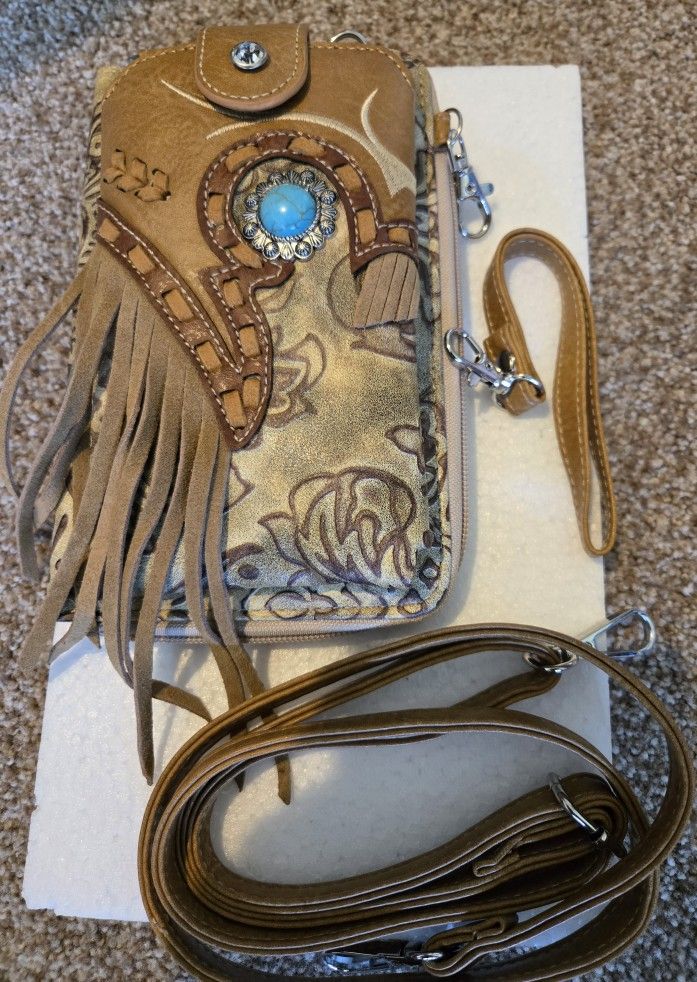Tan Concho Fring Crossbody Western Phone Wallet