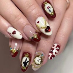 🕰️ 30 Pcs Alice Rabbit Clock 3D Gems Design Medium Length Almond Glossy Press on Nails