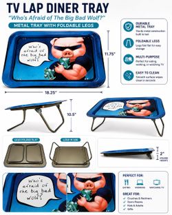 This vintage Kay Home Products kids snack tray features a metal construction with "Who's Afraid of the Big Bad Wolf?" artwork and foldable legs.