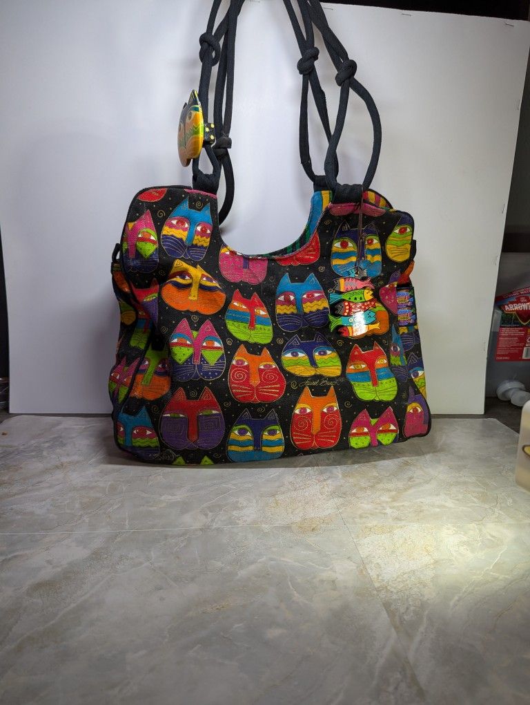Vintage Laurel Burch Cat Colorful Tote Purse Shoulder Bag Fish Charms