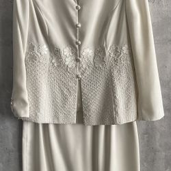 VTG John Meyer Formal EggShell Mandarin-Collar Beaded Jacket Skirt Suit S16