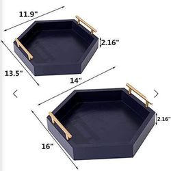 Ottoman Serving Tray Hexagon Nested 2 Pcs Wooden Decorative Trays with Handle,Breakfast in Bed Platters for Home.