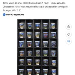 30 Wall-mounted black wooden display case for shot glasses and mini figure storages   Perfect for collectors. New in Box. Great gift
