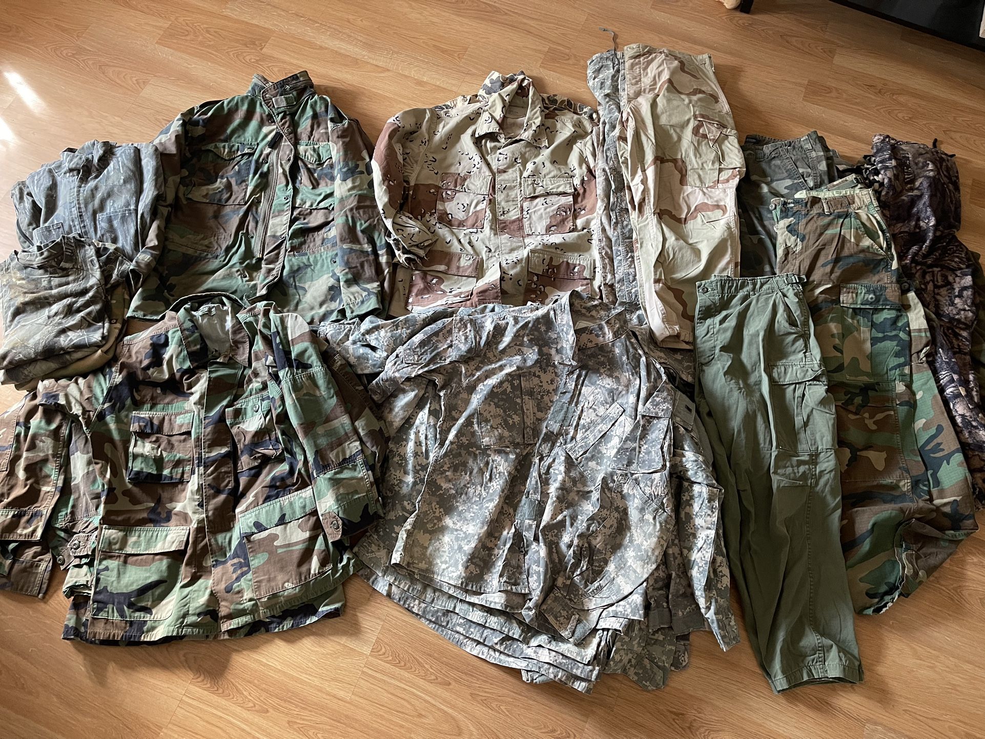 Camo Military Lot Of Clothing Pants Jacket Shirts 35 Pieces