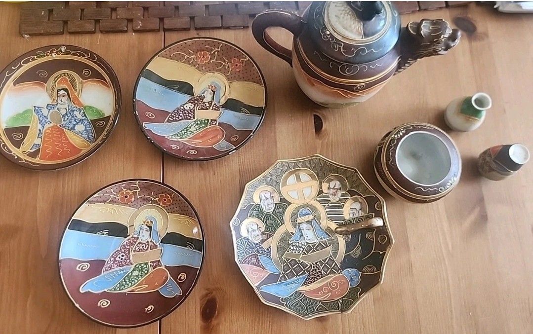 Vtg. 8-pc Retro Japanese Porcelain Ceramic Satsuma Moriage Dragon Ware Tea Set