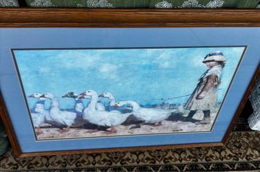 Large size girl with geese framed matted print, country cottage style 30.5 x 22.5”