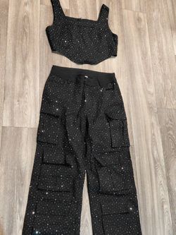 Black Rhinestone 2 Piece Top And Pant Set