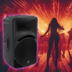 Two Mackie SRM 2-Way Portable Powered Loudspeakers with stands
