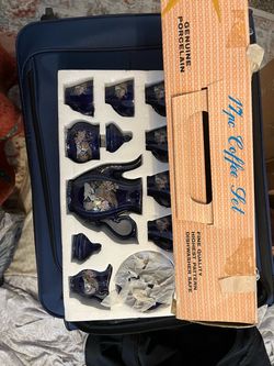 Cobalt Blue Porcelain Coffee Set with Floral Design