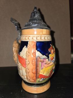 German Ceramic Beer Stein with Pewter Lid