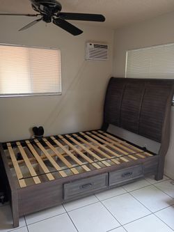 Dark Wood Sleigh Bed Frame with Storage Drawers