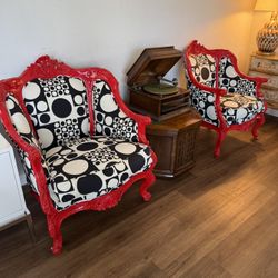 Stunning pair of Ornate Red Lacquer Armchairs w/Verner Panton Maharam fabric