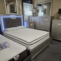 Brand New Champagne LED Queen Bedframe + Dresser + Mirror + Nightstand 4PCs Bedroom Set