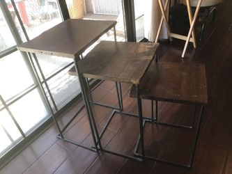 3 Antique wood tables with metal frame