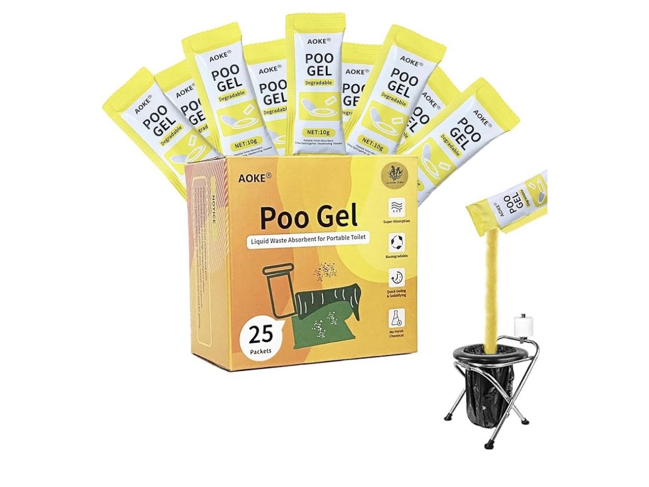 Portable Toilet Powder, 25 Pack Poo Gel Lavender scent for Camping Eco Absorbent Gel Liquid Waste Gelling and Deodorizing Powder, Emergency Toilet Was