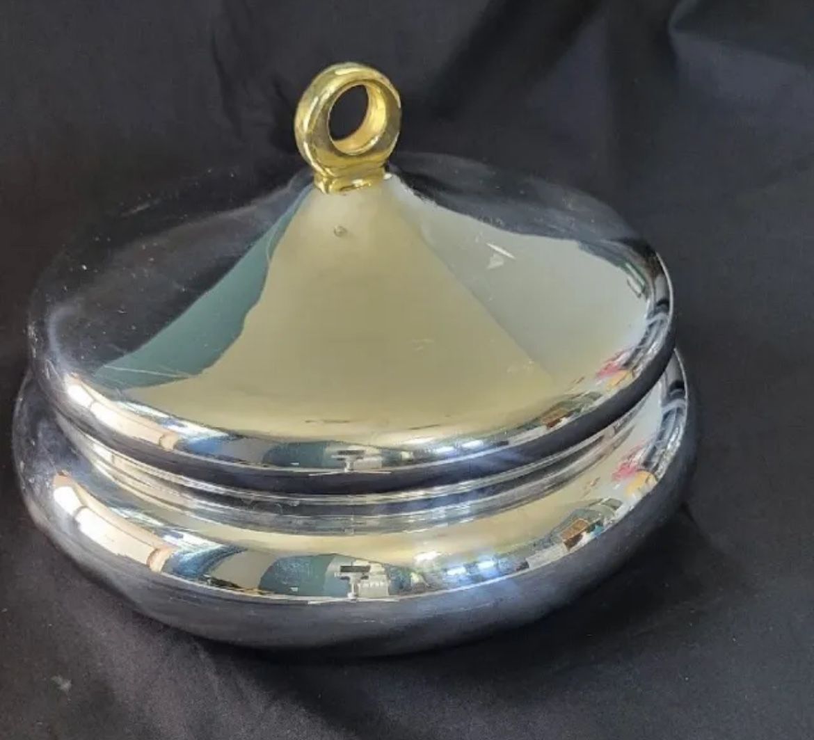Vintage Inoxbeck 18/10 Made In Italy Stainless Steel Serving Dish With Gold Handle