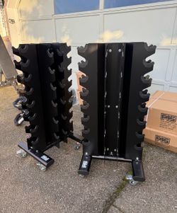 Brand new vertical dumbbell rack. Holds 14 pairs With wheels