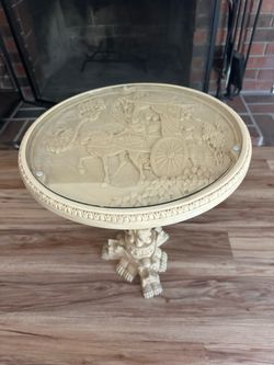 Round Glass Topped Decorative Pedestal End Table 17” X 18”