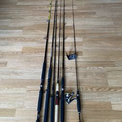 6 fishing rods, different brands, different prices. 5  are new and one is used. $40,$35,$30