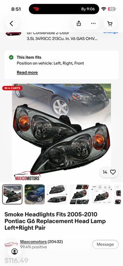Smoke Headlights Fits 2005-2010 Pontiac G6 Replacement Head Lamp Left+Right Pair