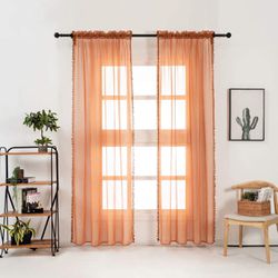 Linen Look Pom Pom Tasseled Sheer Curtains - Rod Pocket Voile Semi-Sheer Curtains for Living and Bedroom, Set of 2 Curtain Panels (52 x 84 inch, Pumpk