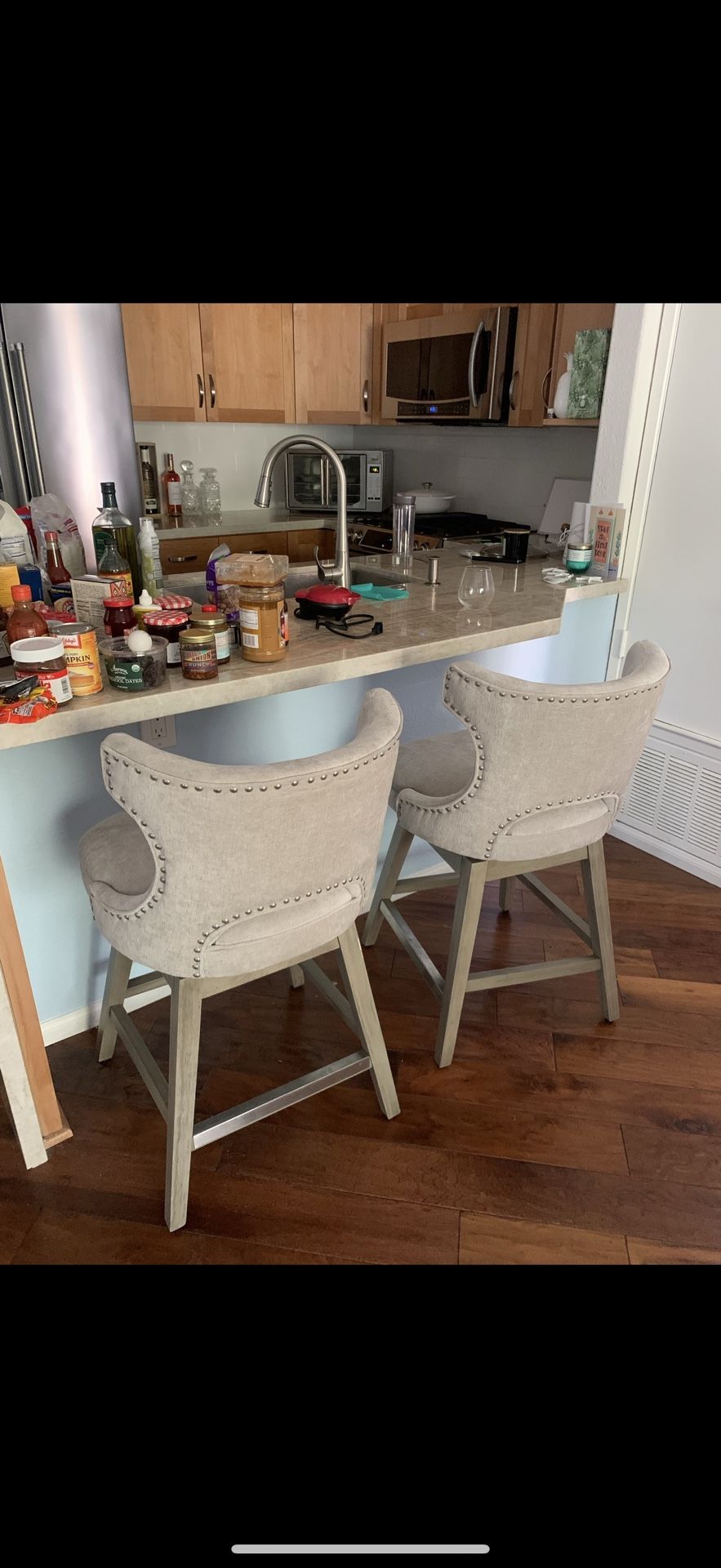 Velvet Studded Swivel Bar Chairs