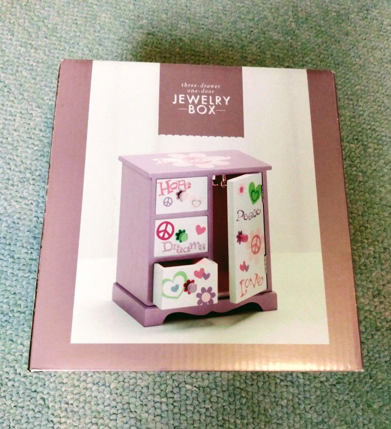 BRAND NEW IN BOX W/TAG KOHLS GIRL'S CHILDREN'S PURPLE WOOD PEACE & LOVE SENTIMENTS & DESIGN JEWELRY BOX - AGES 3+