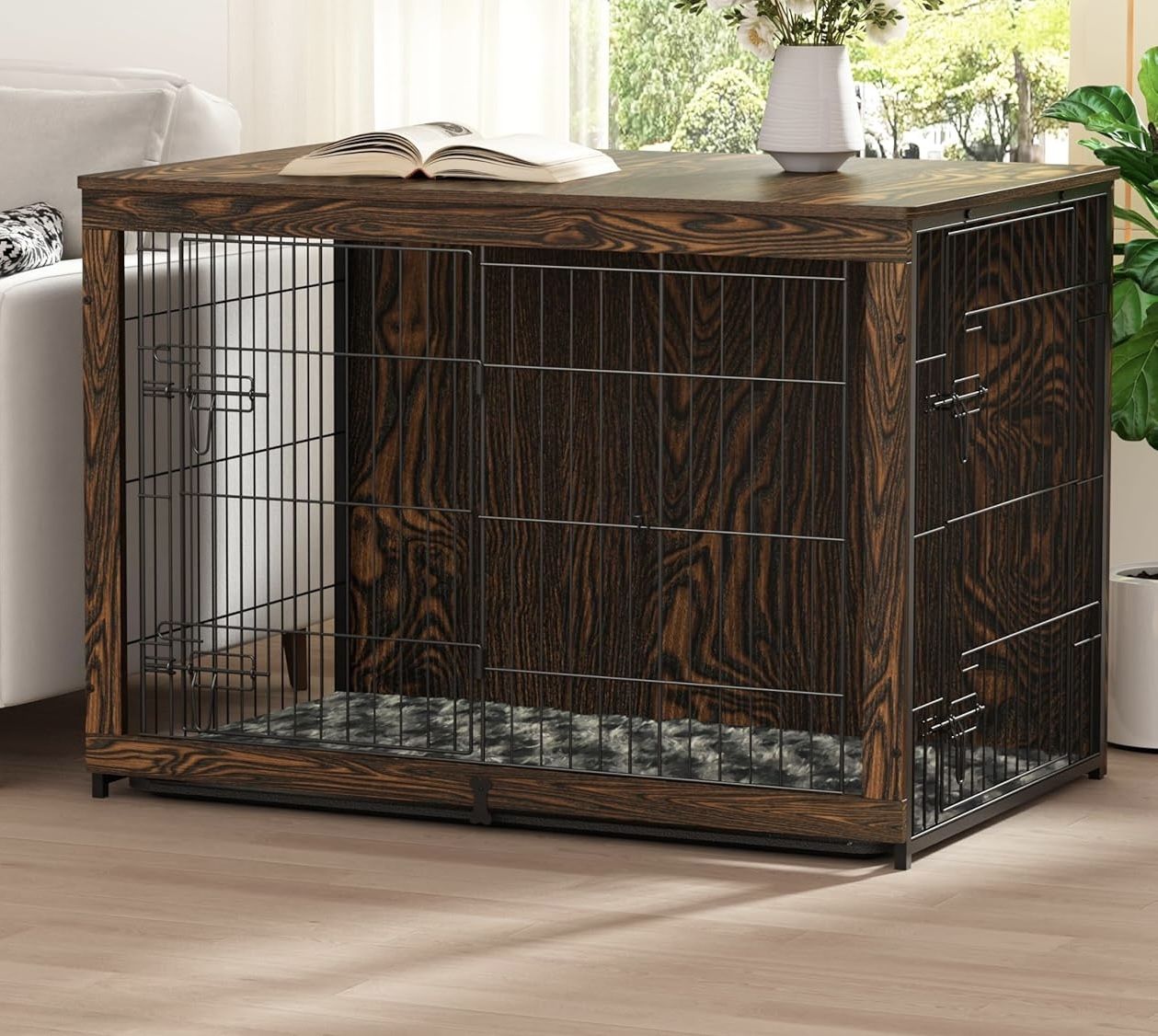 NEW Dog Crate Furniture W/ Cushion, Furniture Dog Crate, Wooden Dog Crate End Table W/ Tray !