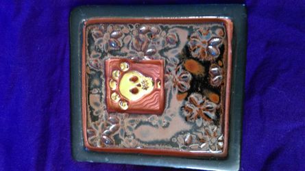 Handmade tile floral with skull 14k gold Boho bohemian unique unusual
