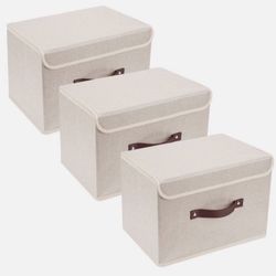 3Pcs Medium Storage Bin w/ Lids Foldable Storage Box for Toys Clothes Book Beige