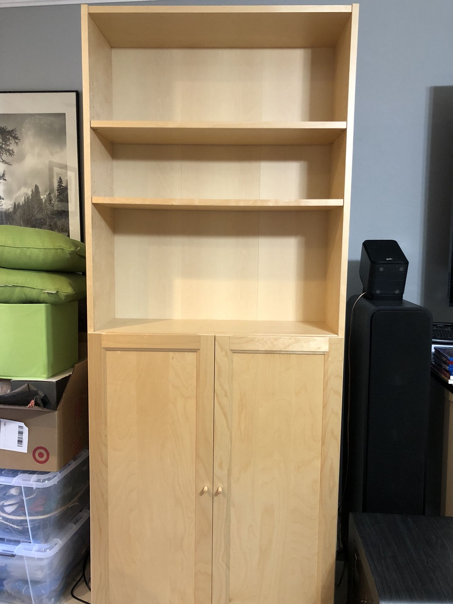 Two Matching IKEA Billy Bookcases with Oxberg Doors