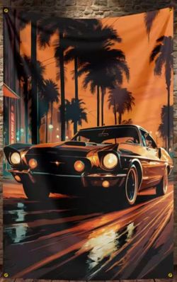 Orange Sunset Stallion Muscle Car Mustang With Palm Trees Wall Tapestry 24"× 35"