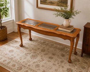 Vintage Oak Console Table w/ Glass Inlay | Elegant Entryway / Sofa Table