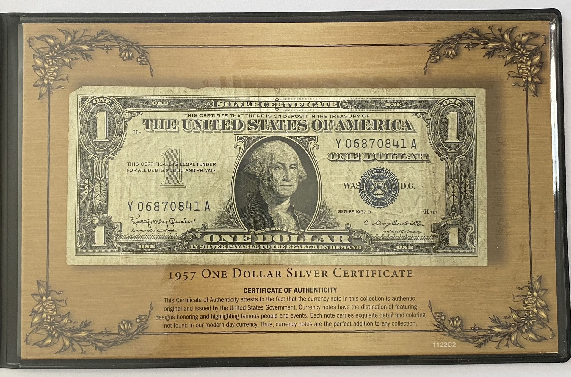 1957B $1 Silver Certificate – U.S. Note in Collector Display w/ COA