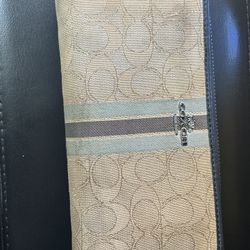 COACH beige & blue striped canvas wallet