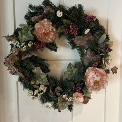 Artificial Green 20” Wreath With Pink Silk Flowers