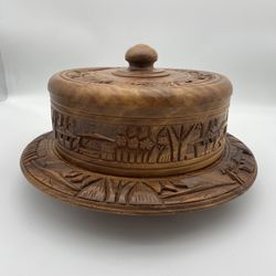 Rosas' Philippine Handicrafts MCM Hand Carved Monkey Pod Cake Stand with Cover