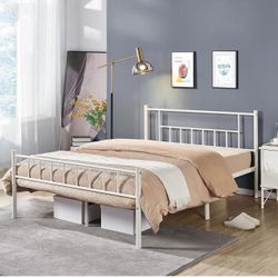 King Size Metal Bed Frame White with headboard and footboard S-40