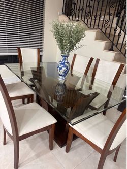 Modern Glass Dining Table Set – 6 Chairs – Solid Wood Base