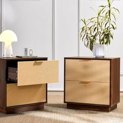 Saint Mossi Rattan Nightstands Set of 2 - Boho Bed Side Tables with 2 Storage Drawers, Mid Century Modern Sofa End Tables for Living Room, Walnut Fini