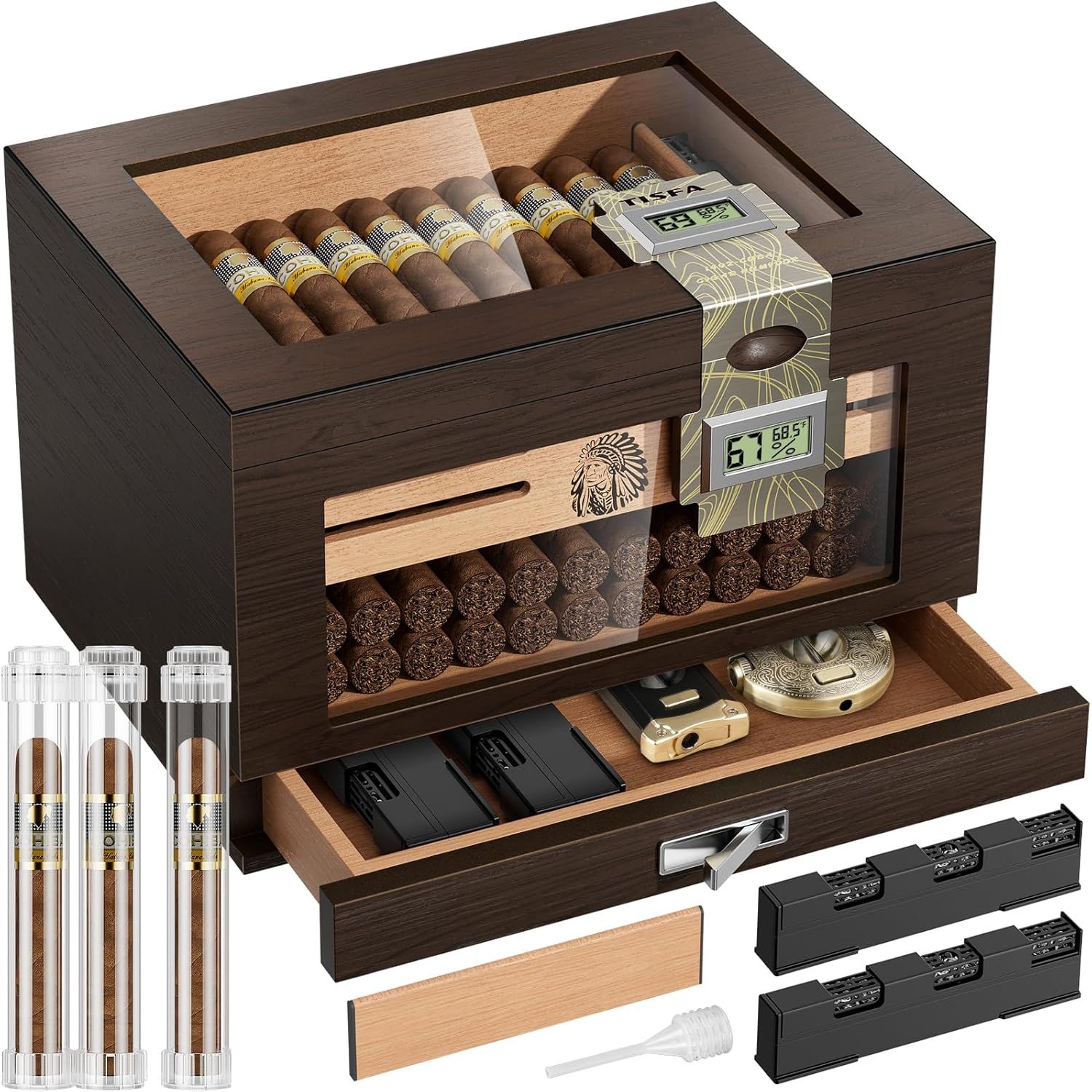 Humidor Cedar Wood Box with 2 Digital Hygrometer, 2 Humidifiers, Cedar Tray, Divider, Accessory Drawer, Glass Top Large Desktop Humidors and Acrylic T