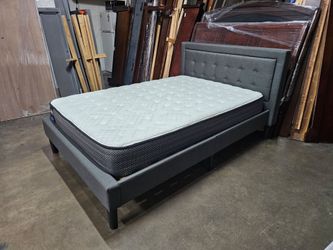 Gray Upholstered Platform Bed with Mattress