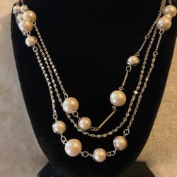 Vintage 30”Silver And Pearl Triple Strand Necklace 