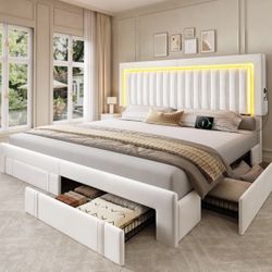 UPHOLSTERED BED FRAME KING SIZE WITH STORAGE DRAWERS AND LED LIGHTING BRAND NEW IN BOX!!!