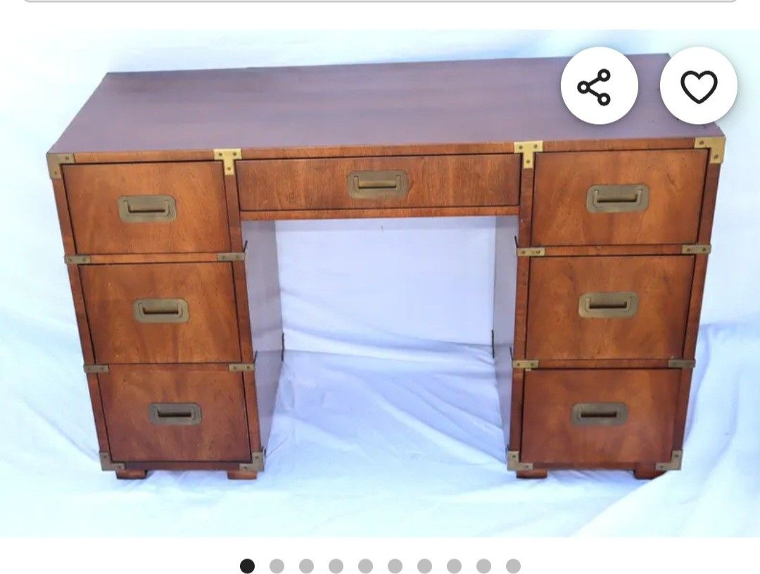 Henredon Walnut Campaign Desk – Solid Wood + Brass Hardware (Vintage)