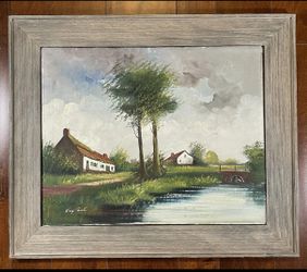 Vintage Country Framed Landscape Oil Painting Signed Framed 25" x 21"